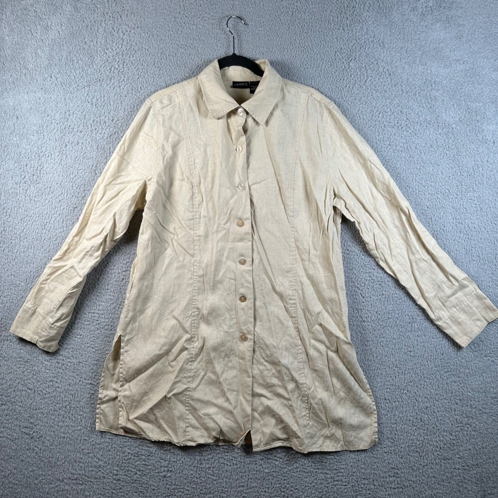 George Women XL Beige 100% Linen Long Sleeve Button Down Tunic Shirt Tan Coastal